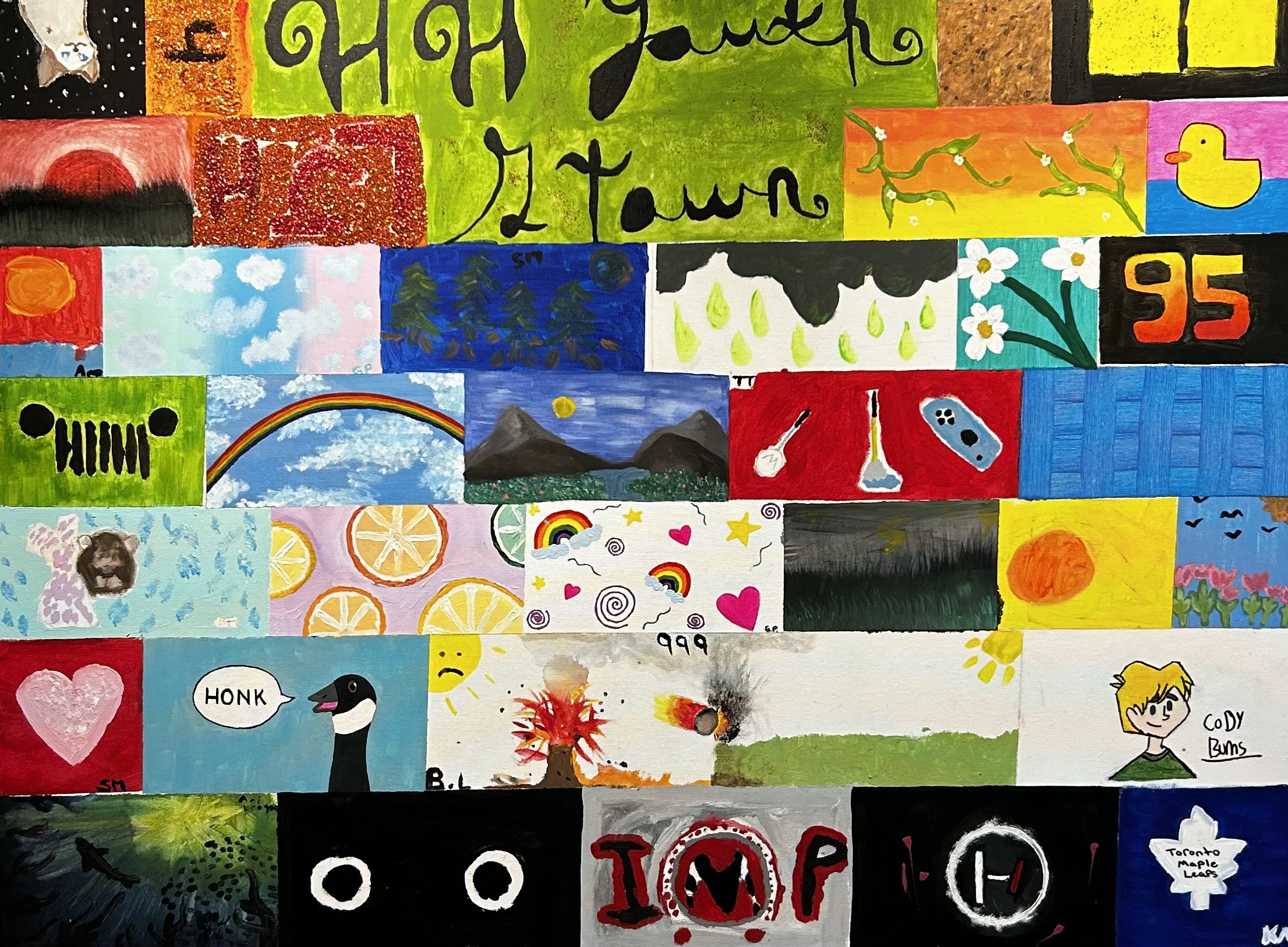 A colourful painting of a sunrise at a lake